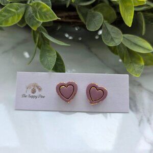 NEW Outlined Gold Gilded Dusty Pink Heart Polymer Clay Stud Earrings